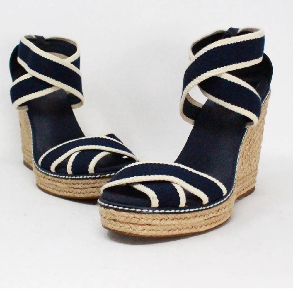 TORY BURCH Navy Blue & Cream Contrast Elastic Espadrille Wedges item siz…